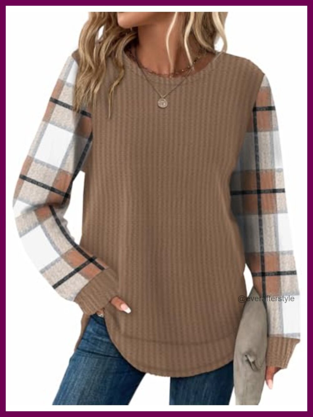 Waffle Knit Tunic Top Long Sleeve Curved Hem Crewneck